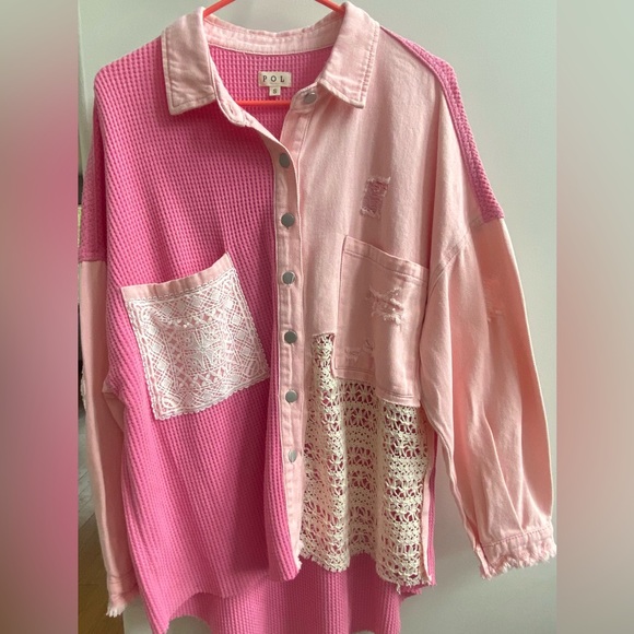 NEW, POL, Powder Pink Distressed Shacket - Picture 5 of 5